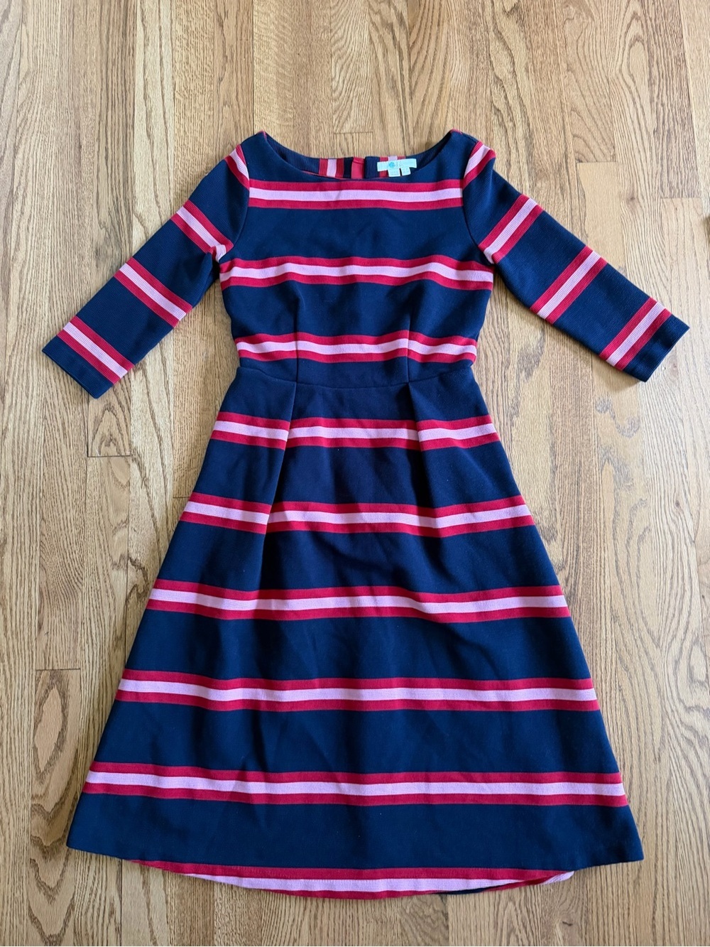 BODEN Striped Ponte Dress Size 4P Navy Blue Pink 3/4 Sleeve Boatneck A-Line